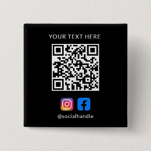 Bóton Quadrado 5.08cm Código QR com ícones de mídia social preto fácil