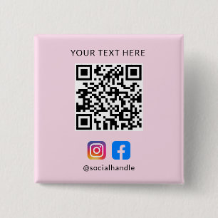 Bóton Quadrado 5.08cm Código QR com ícones de mídia social, rosa persona