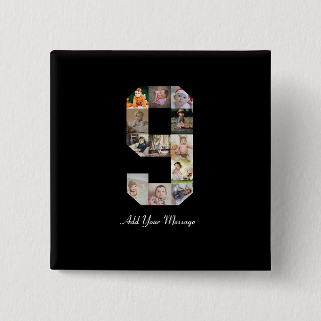 Bóton Quadrado 5.08cm Colagem de Fotografias do Número 9 Preto e Branco (Frente)