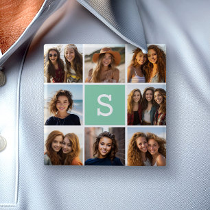 Bóton Quadrado 5.08cm Colagem de Fotografias Monograma Personalizado, Po
