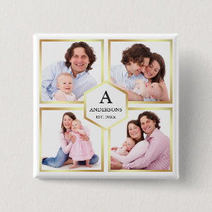 Bóton Quadrado 5.08cm Colagem de Fotos de Família com 4 Imagens em Branc