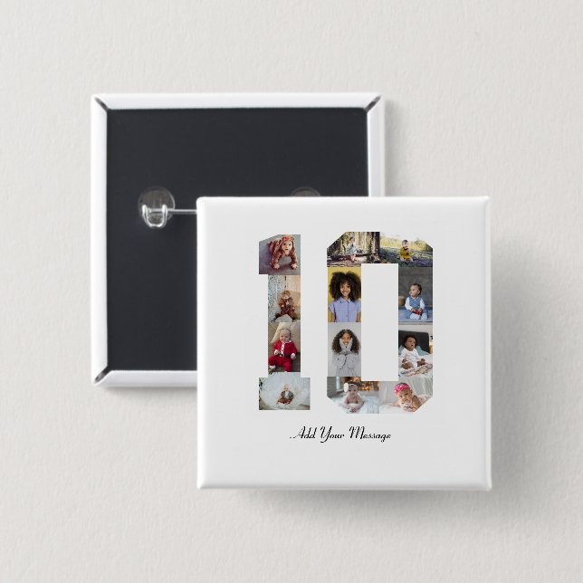 Bóton Quadrado 5.08cm Colagem de Fotos Número 10 (Frente & Verso)