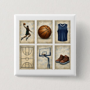 Bóton Quadrado 5.08cm Coleção de Selos de Basquetebol Vintage Esportes
