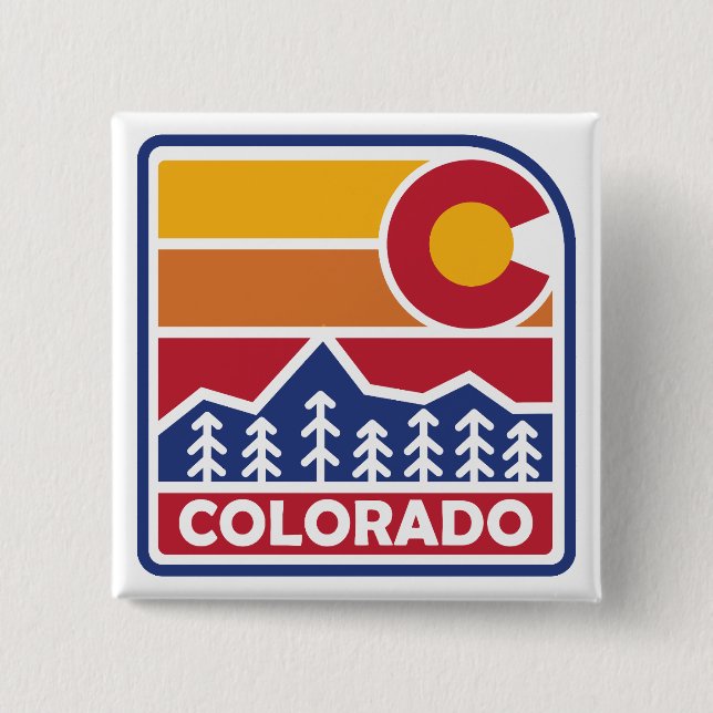 Bóton Quadrado 5.08cm Colorado Flag Mountain and Trees (Frente)