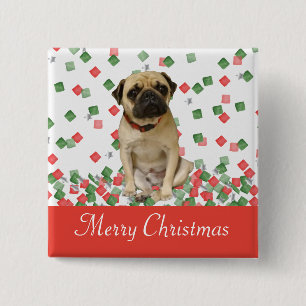 Bóton Quadrado 5.08cm Confetes pintados do Natal do Pug à disposição