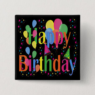 Bóton Quadrado 5.08cm Confetti, Chapéus do Partido e Balões - Fundo Ne