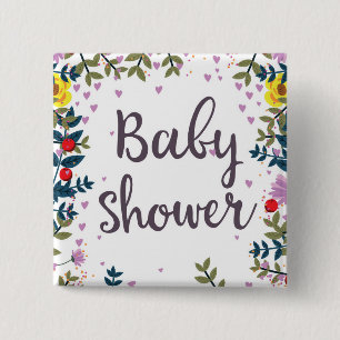Bóton Quadrado 5.08cm Convite Floral para Chá de Bebê