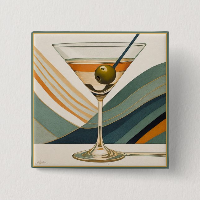 Bóton Quadrado 5.08cm Coquetel Martini Design Meados do Século (Frente)