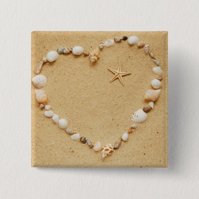 Bóton Quadrado 5.08cm Coração de Seashell com Starfish (Frente)