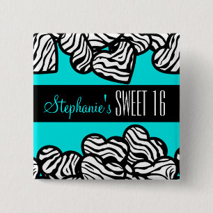 Bóton Quadrado 5.08cm Coração de zebra Turquesa Doce 16 Botão de Anivers