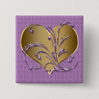 Bóton Quadrado 5.08cm Coração roxo e Dourado