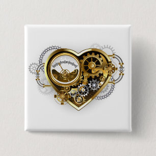 Bóton Quadrado 5.08cm Coração Steampunk com Manômetro