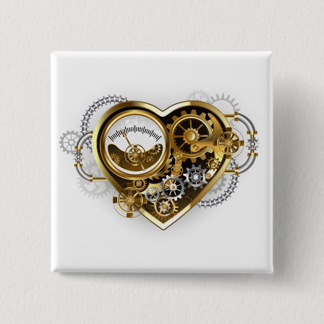 Bóton Quadrado 5.08cm Coração Steampunk com Manômetro (Frente)