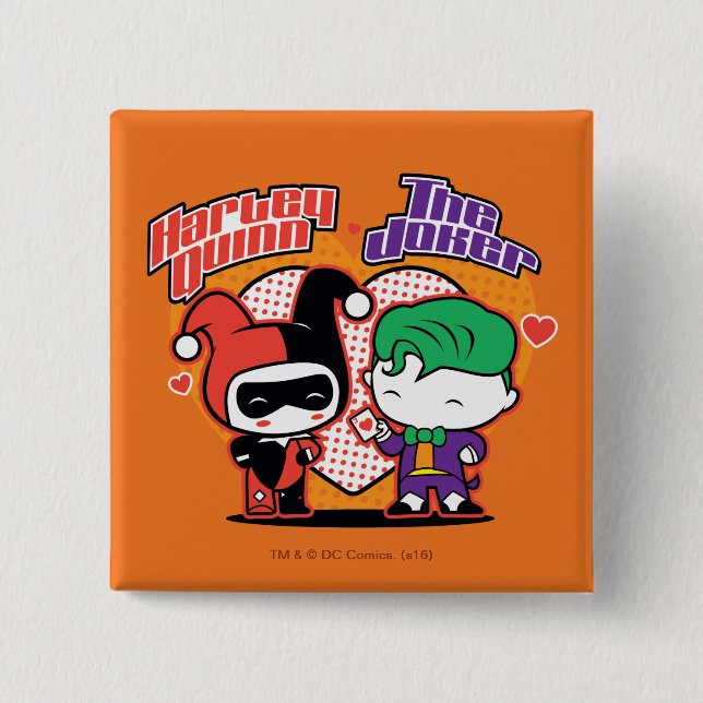 Bóton Quadrado 5.08cm Corações de Chibi Harley Quinn e Chibi (Frente)