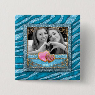 Bóton Quadrado 5.08cm Corações Fotográficas de Zebra Glitter, Graduação