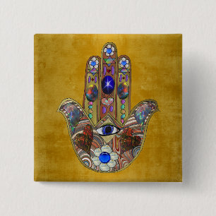 Bóton Quadrado 5.08cm Corações Hamsa Flores Opala Arte em Ouro