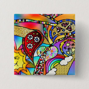 Bóton Quadrado 5.08cm Corações Psicodélicos Retro 60s Paisley Gifts Roup