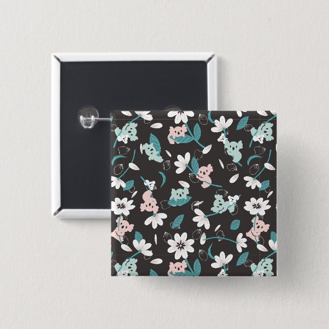 Bóton Quadrado 5.08cm Corante Koala Pattern Cute Animal e Floral (Frente & Verso)