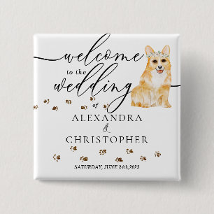 Bóton Quadrado 5.08cm Corgi Dog Bem-vindo à cutia do casamento