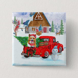 Bóton Quadrado 5.08cm Corgi Dog In Christmas Delivery Truck Snow