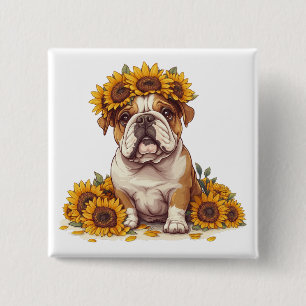 Bóton Quadrado 5.08cm Coroa de Girassol do Bulldog Inglês