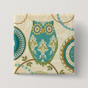 Bóton Quadrado 5.08cm Coruja com padrões circulares