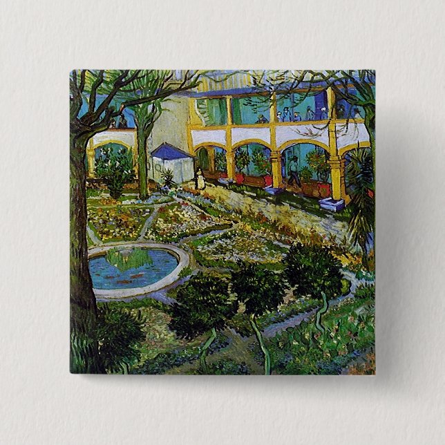 Bóton Quadrado 5.08cm Courtyard do Hospital de Arles Van Gogh de Belas A (Frente)