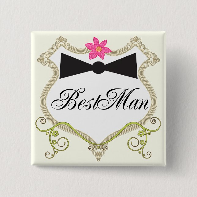 Bóton Quadrado 5.08cm Crachás de Casamento BowTie BestMan (Frente)