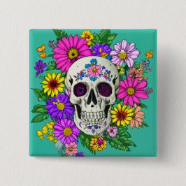 Bóton Quadrado 5.08cm crânio colorido com flores