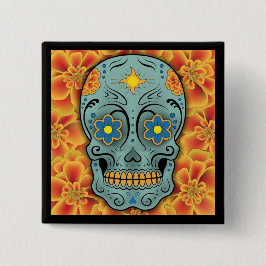 Bóton Quadrado 5.08cm Crânio de Açúcar - Dia dos Mortos (Marigold)