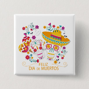 Bóton Quadrado 5.08cm Crânios e flores de açúcar de festa