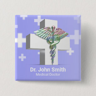 Bóton Quadrado 5.08cm Cruz Branca de Caduceus 3D Médico Holográfico