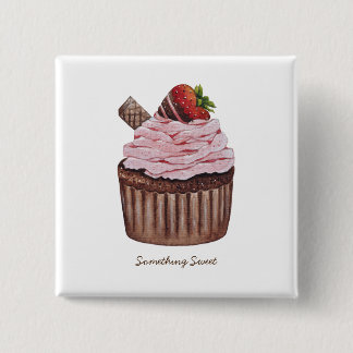 Bóton Quadrado 5.08cm Cupcake De Morango Cujo Cama É Em Aquarela