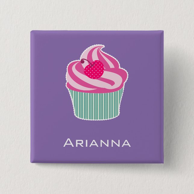 Bóton Quadrado 5.08cm Cupcake rosa personalizado WIth Bolinhas Cherry (Frente)