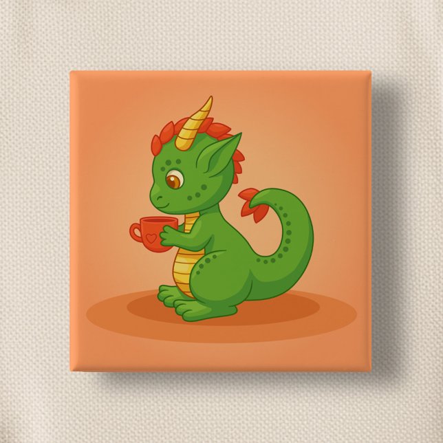 Bóton Quadrado 5.08cm Cute Baby Dragon Holding Cup on Orange (Criador carregado)