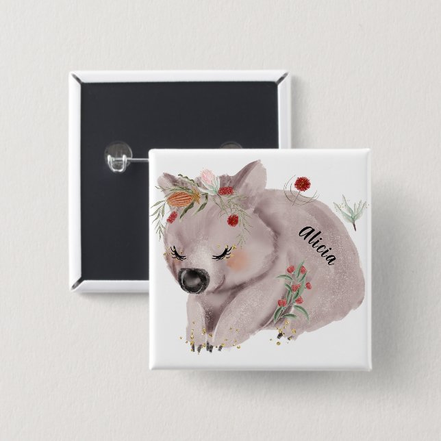 Bóton Quadrado 5.08cm Cute Baby Wombat Dourado Speckle Nome Personalizad (Frente & Verso)