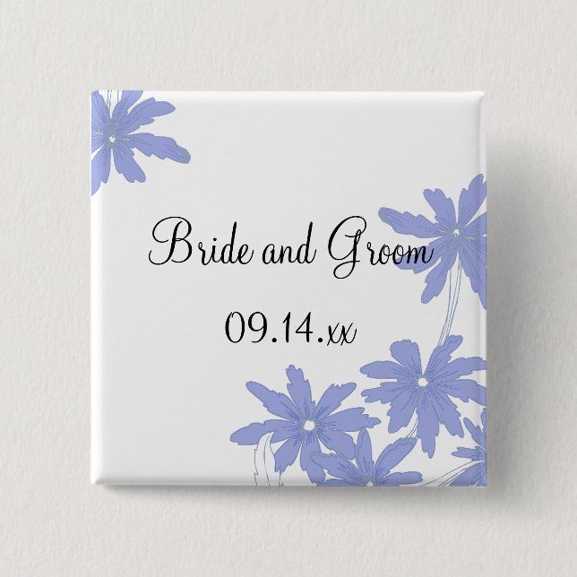 Bóton Quadrado 5.08cm Daisies Azuis Periwinkle no Casamento Branco (Frente)