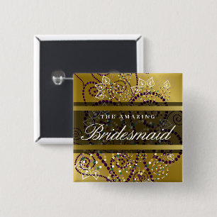 Bóton Quadrado 5.08cm Damas de Honra Boho Roxo Espirais Dourado Casament