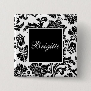 Bóton Quadrado 5.08cm Damasco preto e branco