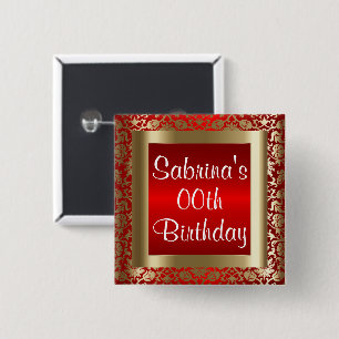 Bóton Quadrado 5.08cm Damasco Vermelho e Dourado - Qualquer Aniversário