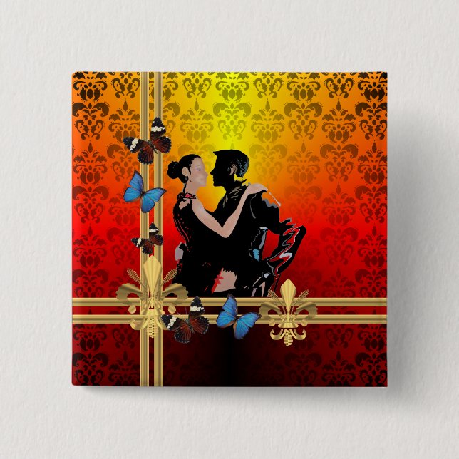 Bóton Quadrado 5.08cm Dançarinos românticos do tango em damask (Frente)