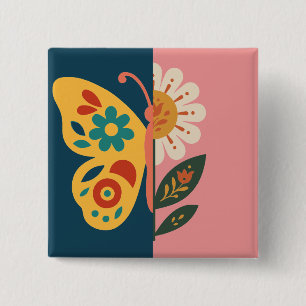Bóton Quadrado 5.08cm Decoração de borboleta colorida com elementos flor