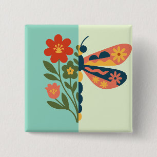 Bóton Quadrado 5.08cm Decoração de borboleta colorida com elementos flor
