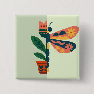 Bóton Quadrado 5.08cm Decoração de borboleta colorida com elementos flor