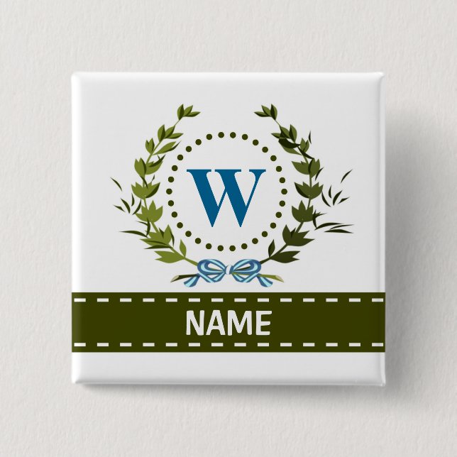 Bóton Quadrado 5.08cm Delicar Ivy Wreath e o nome do Arco com Monograma  (Frente)
