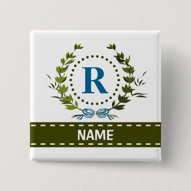 Bóton Quadrado 5.08cm Delicar Ivy Wreath e o nome do Arco com Monograma  (Frente)