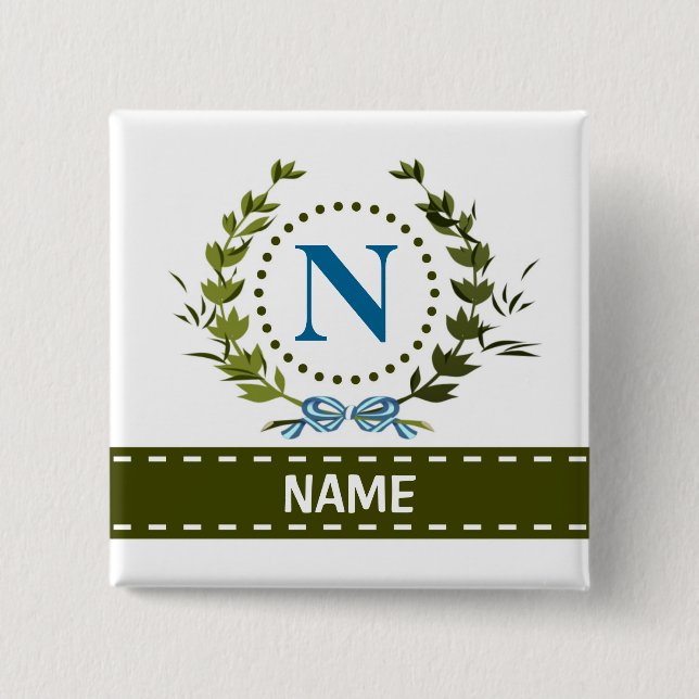 Bóton Quadrado 5.08cm Delicar Ivy Wreath e o nome do Arco com Monograma  (Frente)