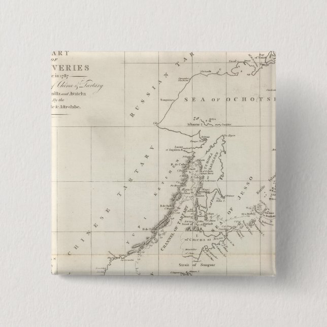 Bóton Quadrado 5.08cm Descobertas feitas em 1787 nos mares da China (Frente)