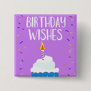 Bóton Quadrado 5.08cm Desejos de Aniversário (com Bolo de Celebração)
