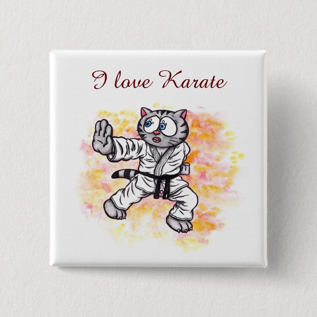 Bóton Quadrado 5.08cm desenho animado a aquarela Karate Kitten (Frente)